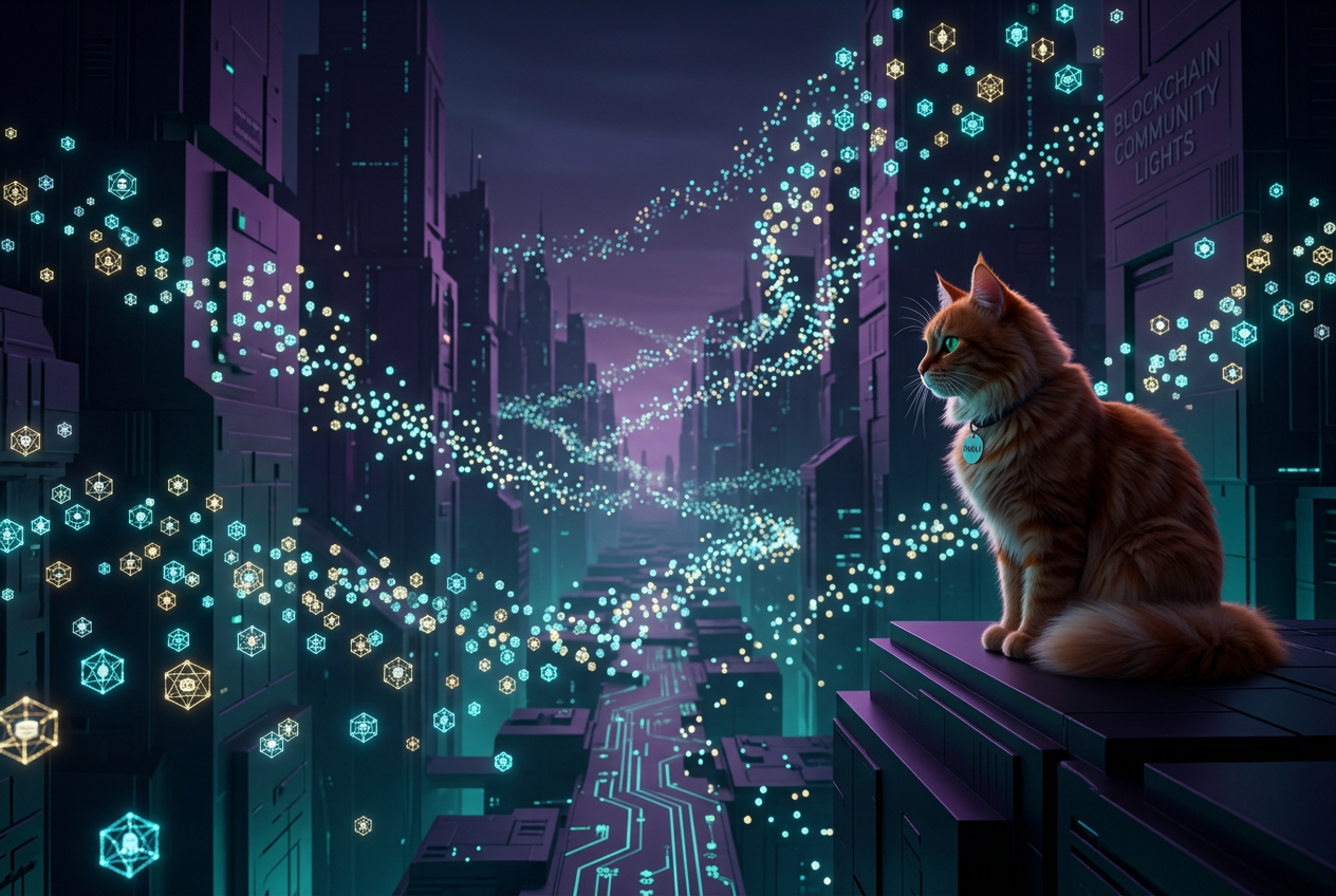 Thousands of glowing blockchain lights representing the community