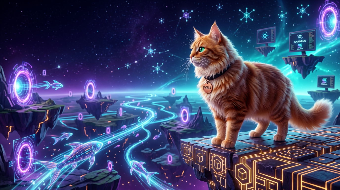 Pawla standing on a glowing blockchain cliff overlooking the Cryptoverse